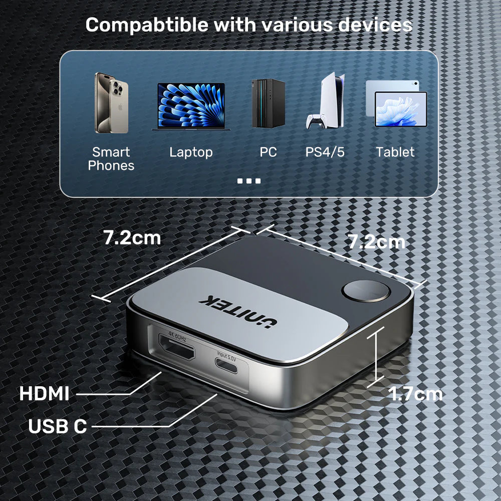 UNITEK V1162B01 Wireless Screen Mirroring Device – 4K@60Hz HDMI Dongle, Dual-Band WiFi, USB-Powered, Up to 8 m Range