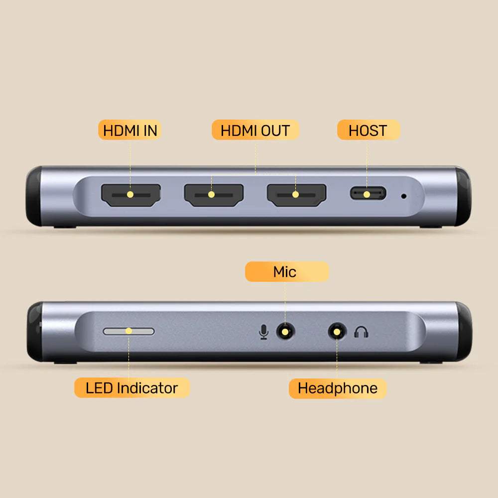 بطاقة التقاط فيديو UNITEK بدقة 4K بمعدل 60 هرتز - مخرج HDMI مزدوج، منفذ USB-C بسرعة 5 جيجابت في الثانية، مدخل ميكروفون/صوت 3.5 مم، توصيل وتشغيل، متوافقة مع OBS وWindows وmacOS
