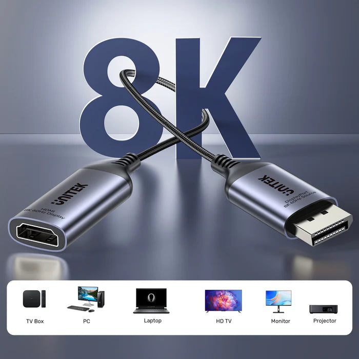 محول UNITEK من DisplayPort 8K إلى HDMI، محول DP 1.4 إلى HDMI 2.1، حتى 8K@60Hz، توصيل وتشغيل، دعم HDR والصوت، هيكل من الألمنيوم، للحاسوب الشخصي، اللابتوب، الشاشة والتلفاز