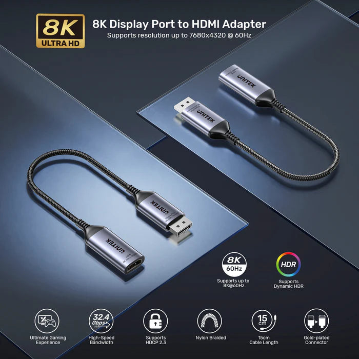 محول UNITEK من DisplayPort 8K إلى HDMI، محول DP 1.4 إلى HDMI 2.1، حتى 8K@60Hz، توصيل وتشغيل، دعم HDR والصوت، هيكل من الألمنيوم، للحاسوب الشخصي، اللابتوب، الشاشة والتلفاز