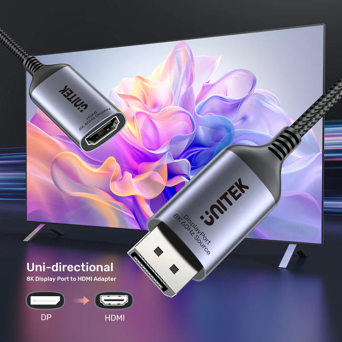 محول UNITEK من DisplayPort 8K إلى HDMI، محول DP 1.4 إلى HDMI 2.1، حتى 8K@60Hz، توصيل وتشغيل، دعم HDR والصوت، هيكل من الألمنيوم، للحاسوب الشخصي، اللابتوب، الشاشة والتلفاز