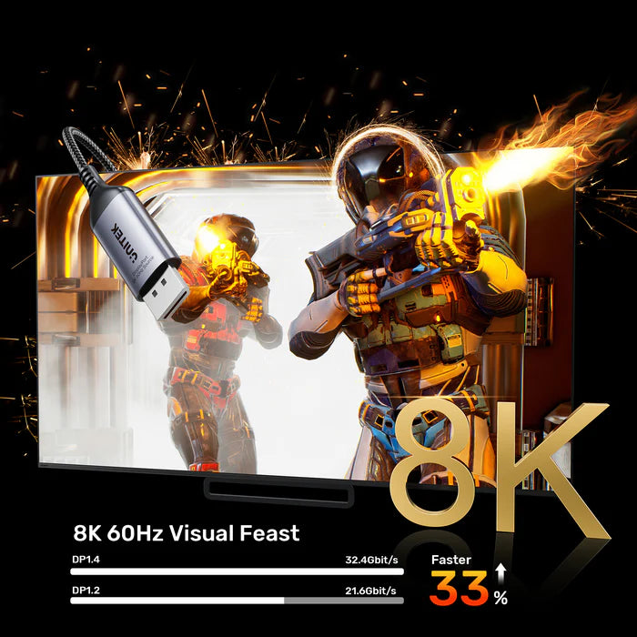 محول UNITEK من DisplayPort 8K إلى HDMI، محول DP 1.4 إلى HDMI 2.1، حتى 8K@60Hz، توصيل وتشغيل، دعم HDR والصوت، هيكل من الألمنيوم، للحاسوب الشخصي، اللابتوب، الشاشة والتلفاز