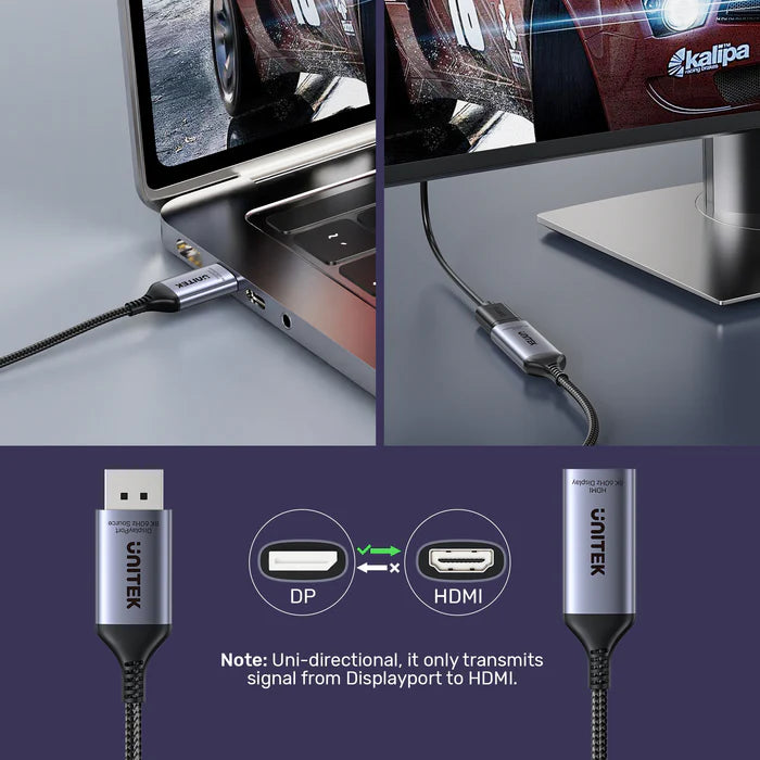 محول UNITEK من DisplayPort 8K إلى HDMI، محول DP 1.4 إلى HDMI 2.1، حتى 8K@60Hz، توصيل وتشغيل، دعم HDR والصوت، هيكل من الألمنيوم، للحاسوب الشخصي، اللابتوب، الشاشة والتلفاز