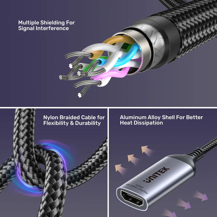 محول UNITEK من DisplayPort 8K إلى HDMI، محول DP 1.4 إلى HDMI 2.1، حتى 8K@60Hz، توصيل وتشغيل، دعم HDR والصوت، هيكل من الألمنيوم، للحاسوب الشخصي، اللابتوب، الشاشة والتلفاز