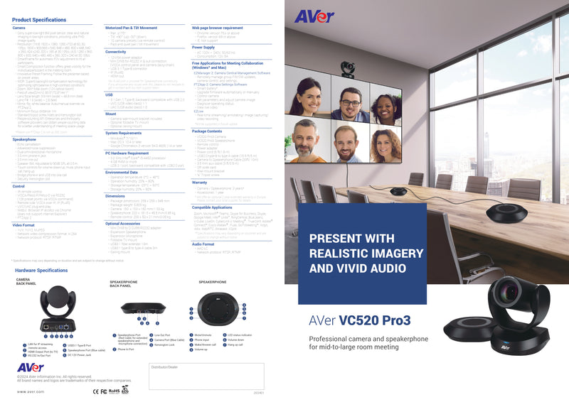 AVer VC520 Pro3 PTZ Camera & Speakerphone System – 36X Zoom, HDMI/USB/IP, Smart AI Framing, Expansion Mic Support – 1080p Full HD Video