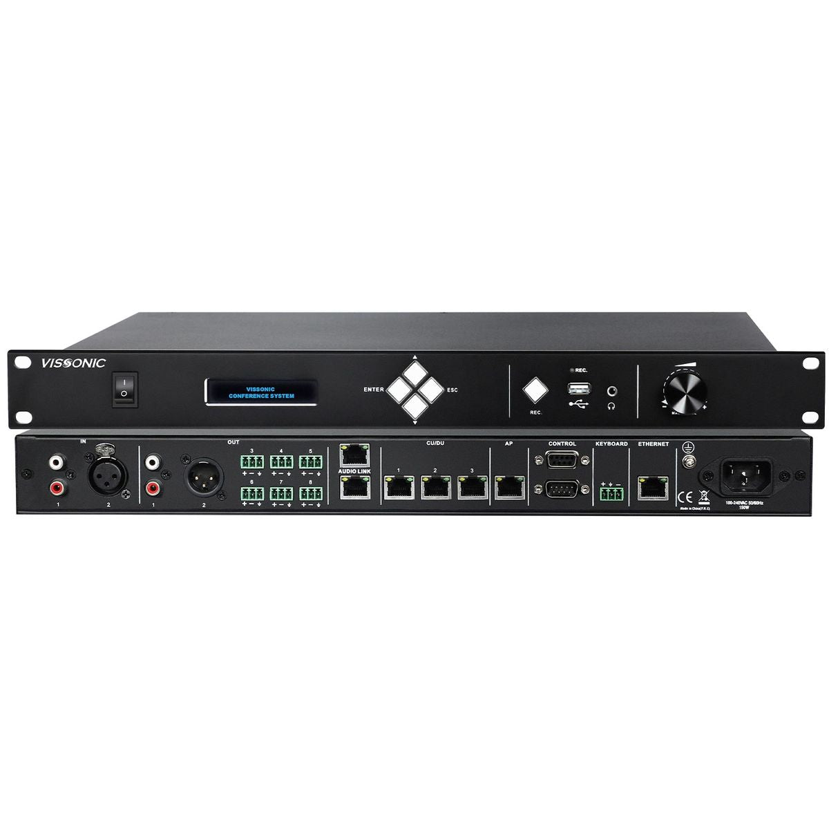 معالج مؤتمرات DSP شبكي رقمي كامل من VISSONIC - صوت 64 قناة، تحكم في 4 غرف، تسجيل USB، تتبع الكاميرا