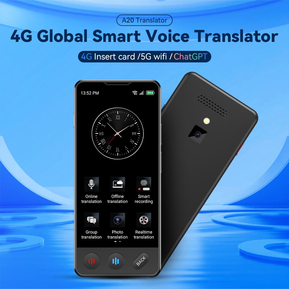VORMOR A20 4G AI Voice Translator, 5" HD Touchscreen, 139 Languages, 17 Offline Languages, 8MP Camera, Photo Translation, ChatGPT