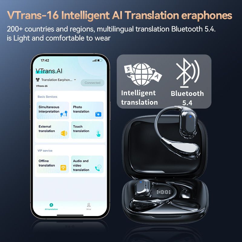 VORMOR V16 AI Translation Earbuds, Real-Time Two-Way Language Translator, Bluetooth Wireless Earphones for Travel & Business