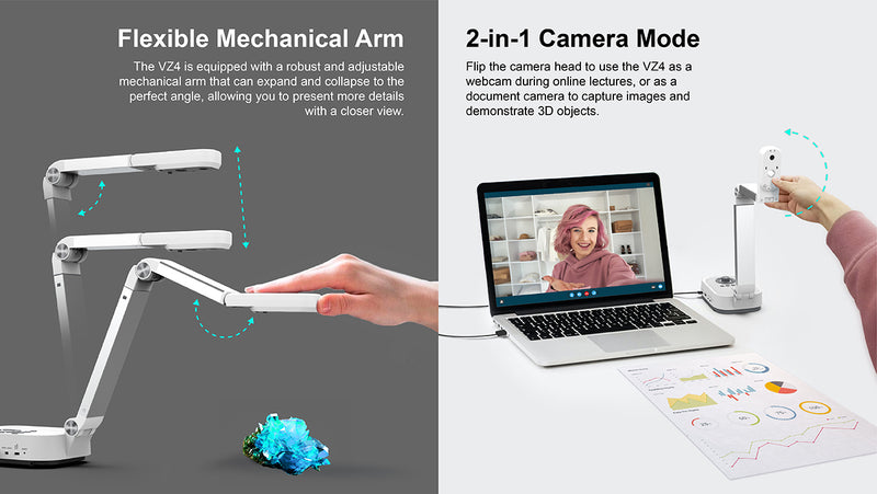 VIISAN VZ4 16MP USB Document Camera & Webcam 4K with HDMI/USB Dual Mode, 16X Digital Zoom, Capture Size A3, Built-in Microphone & LED, for Remote Work, Distance Teaching & Learning, Web Conferencing