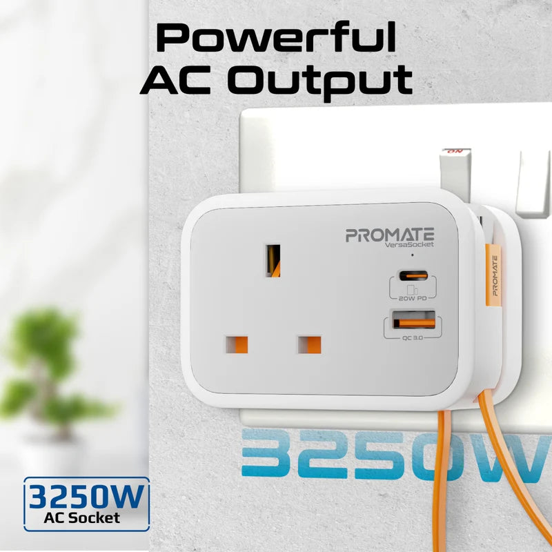 شاحن بروميت متعدد الوظائف بمقبس تيار متردد مع كابل USB-C PD مدمج بقوة 20 وات