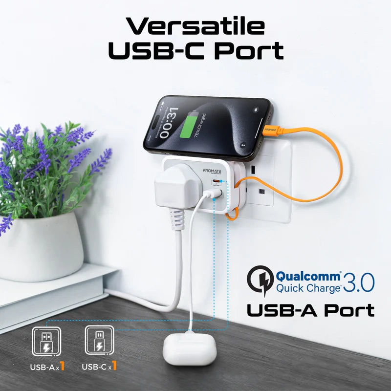 شاحن بروميت متعدد الوظائف بمقبس تيار متردد مع كابل USB-C PD مدمج بقوة 20 وات
