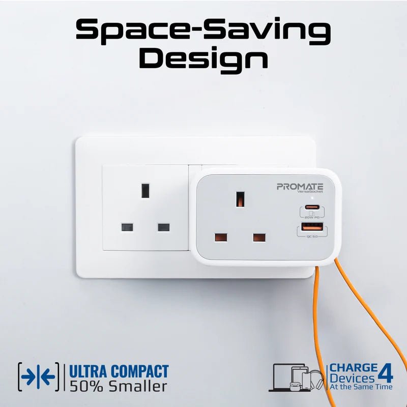 Promate Multi-Function AC Socket Charger with Built-In 20W PD USB-C Cable