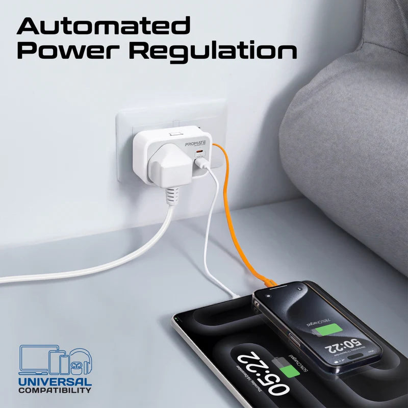 شاحن بروميت متعدد الوظائف بمقبس تيار متردد مع كابل USB-C PD مدمج بقوة 20 وات