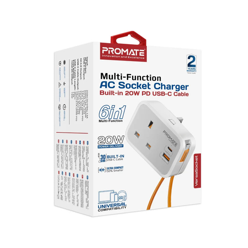 Promate Multi-Function AC Socket Charger with Built-In 20W PD USB-C Cable