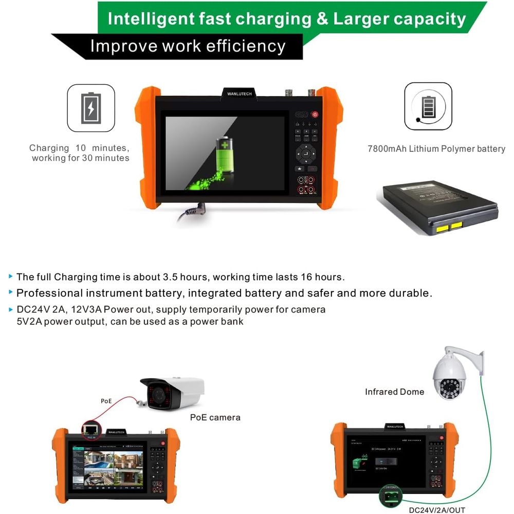 WANGLU 7 inch Retina touch screen, 1920*1200 resolution 8MP AHD camera test (A)/8MP CVI camera test (D)/8MP TVI camera test (H)/4K 30FPS HDMI Input/ VGA input