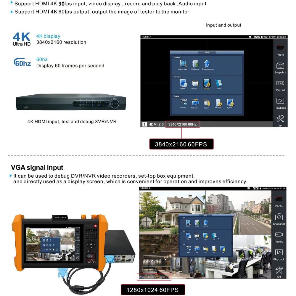WANGLU 7 inch Retina touch screen, 1920*1200 resolution 8MP AHD camera test (A)/8MP CVI camera test (D)/8MP TVI camera test (H)/4K 30FPS HDMI Input/ VGA input