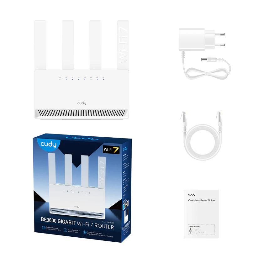 Cudy WR3600E-1.0 Dual-Band Wi-Fi 7 Router – 4× Gigabit LAN, 2 GHz Quad-Core, Up to 3.57 Gbps, WPA3 & Mesh Support