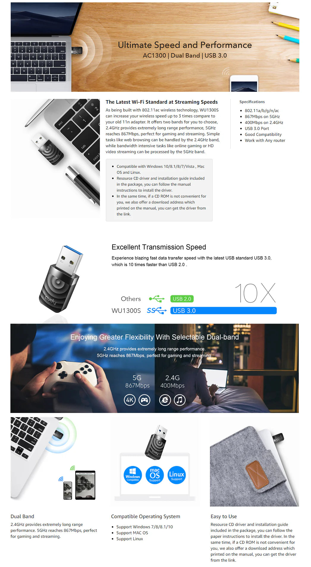 Cudy WU1300S 1.0 AC1300 Dual‑Band USB 3.0 Wi‑Fi 5 Adapter — 867 Mbps @ 5 GHz + 400 Mbps @ 2.4 GHz, MU‑MIMO, Win/Mac/Linux