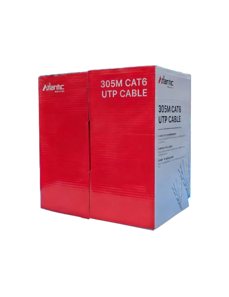 كابل إيثرنت Atlantic CAT6 UTP بطول 305 م على بكرة – موصل CCA بقطر 0.57 مم، غلاف PVC، مختبر بواسطة Fluke حتى 70 م
