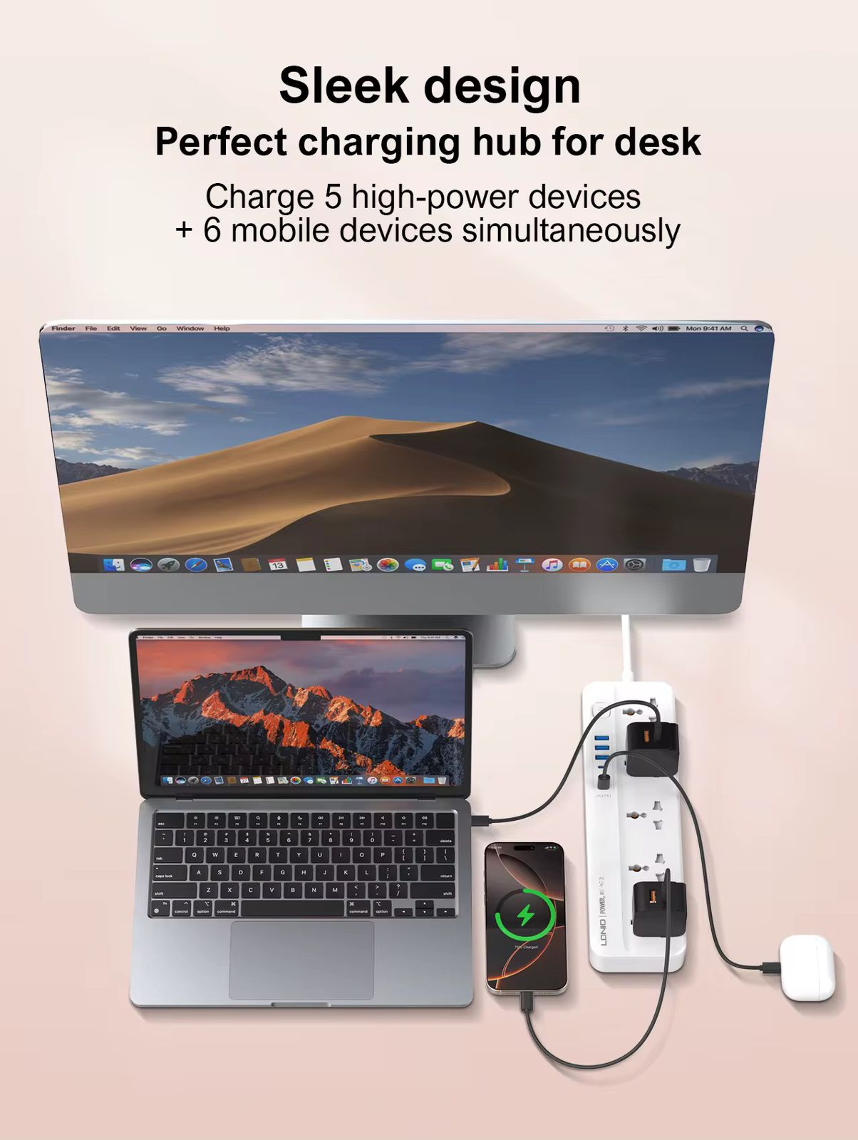 LDNIO SC5614C Power Strip with 5 Outlets & 6 USB Ports (AUTO-ID), 20W USB-C Fast Charging, 2500W Surge Protection Extension Lead, 2M Power Cord – Multi Device Charging Station for Home & Office