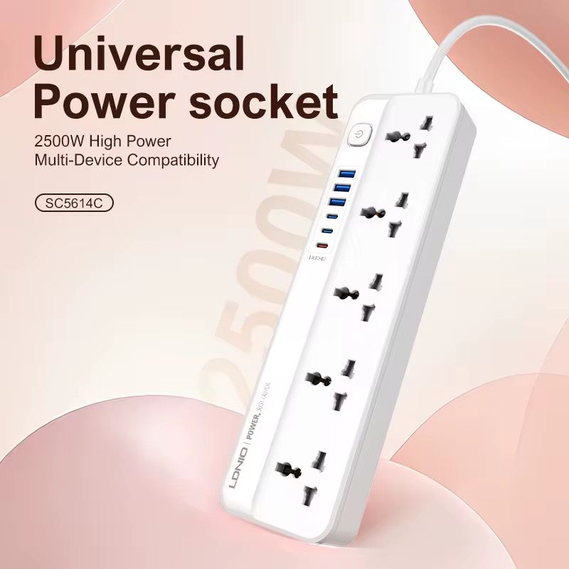 LDNIO SC5614C Power Strip with 5 Outlets & 6 USB Ports (AUTO-ID), 20W USB-C Fast Charging, 2500W Surge Protection Extension Lead, 2M Power Cord – Multi Device Charging Station for Home & Office