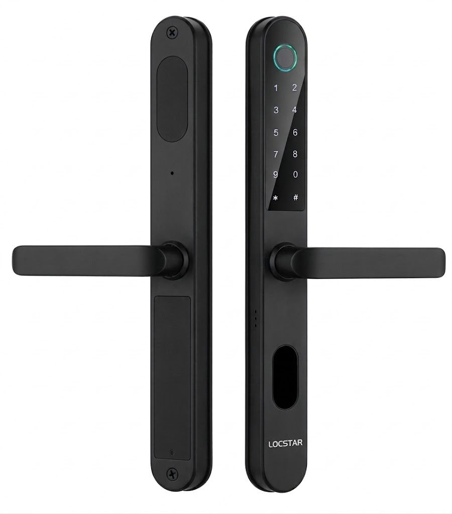 قفل باب ذكي Locstar LS-C105، مقاوم للماء، يفتح ببصمة الإصبع دون مفتاح، مع تطبيق بلوتوث وبطاقة IC ولوحة مفاتيح – أسود