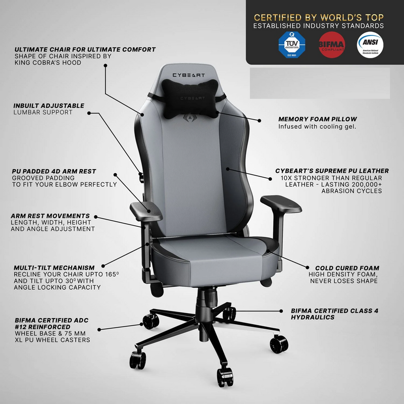 CYBEART | Apex Series - X11 Gray Gaming Chair - DC Comics | 4D Armrest | Inbuilt Lumbar Support | Supreme PU Leather, Ergonomic, Recline & Tilt