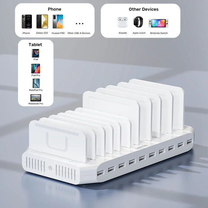 محطة شحن USB من UNITEK بـ 10 منافذ، مركز شحن ذكي بقوة 60 واط، شحن سريع 2.4 أمبير، منظم مكتبي لأجهزة متعددة