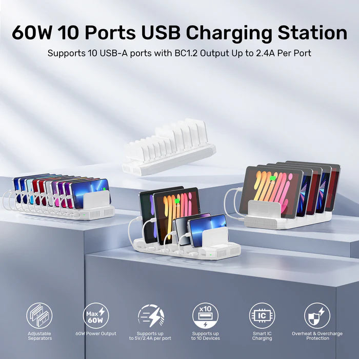 محطة شحن USB من UNITEK بـ 10 منافذ، مركز شحن ذكي بقوة 60 واط، شحن سريع 2.4 أمبير، منظم مكتبي لأجهزة متعددة