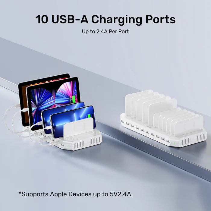 محطة شحن USB من UNITEK بـ 10 منافذ، مركز شحن ذكي بقوة 60 واط، شحن سريع 2.4 أمبير، منظم مكتبي لأجهزة متعددة