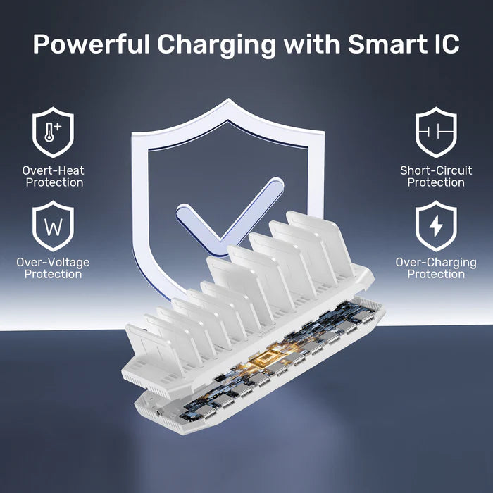 محطة شحن USB من UNITEK بـ 10 منافذ، مركز شحن ذكي بقوة 60 واط، شحن سريع 2.4 أمبير، منظم مكتبي لأجهزة متعددة