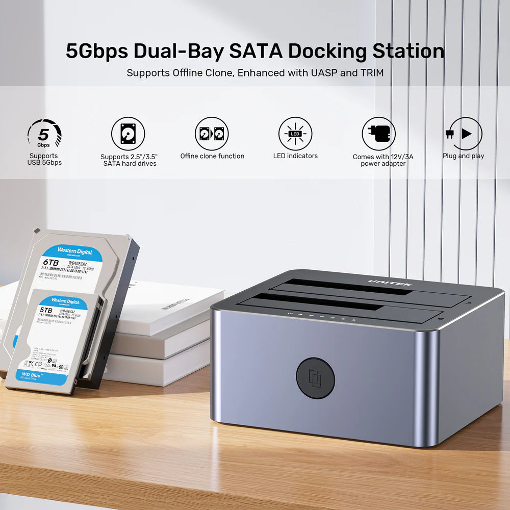 UNITEK Y-3026GY Dual-Bay SATA HDD/SSD Docking Station – USB 3.0 (5 Gbps), Stand-Alone Clone, Up to 40 TB