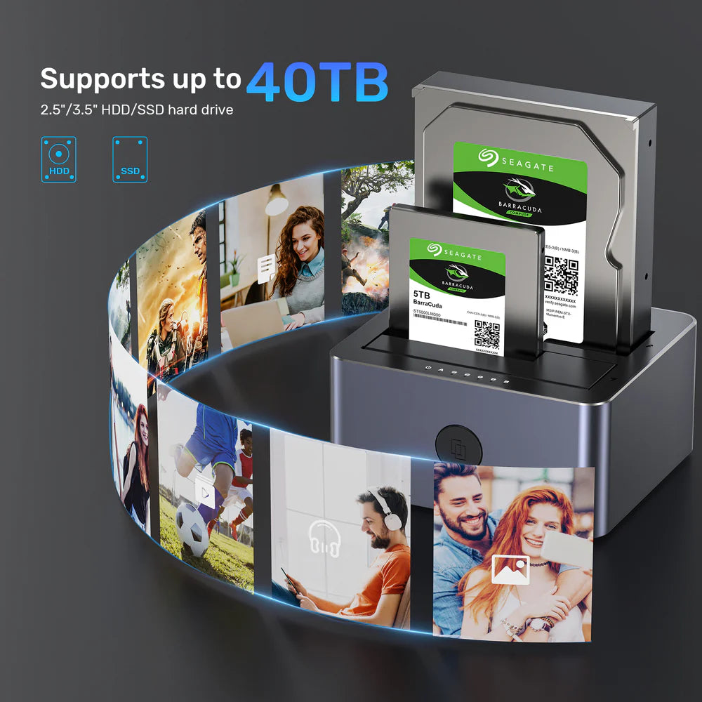 UNITEK Y-3026GY Dual-Bay SATA HDD/SSD Docking Station – USB 3.0 (5 Gbps), Stand-Alone Clone, Up to 40 TB