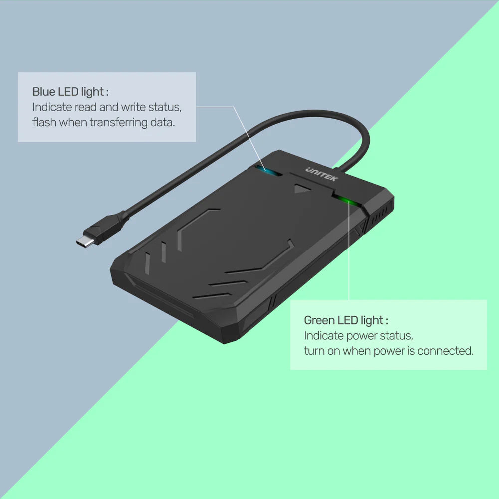 UNITEK DiskGuard Raiden 2.5″ SATA HDD/SSD Enclosure – USB-C / USB-A 5 Gbps, Tool-Free, Sleep Mode, UASP Support