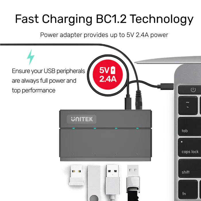 UNITEK USB 3.0 4-Port Powered Hub, 5Gbps High-Speed Data Hub with BC1.2 Charging, LED Indicators, External Power Supply, Compatible with Windows, Mac & Linux