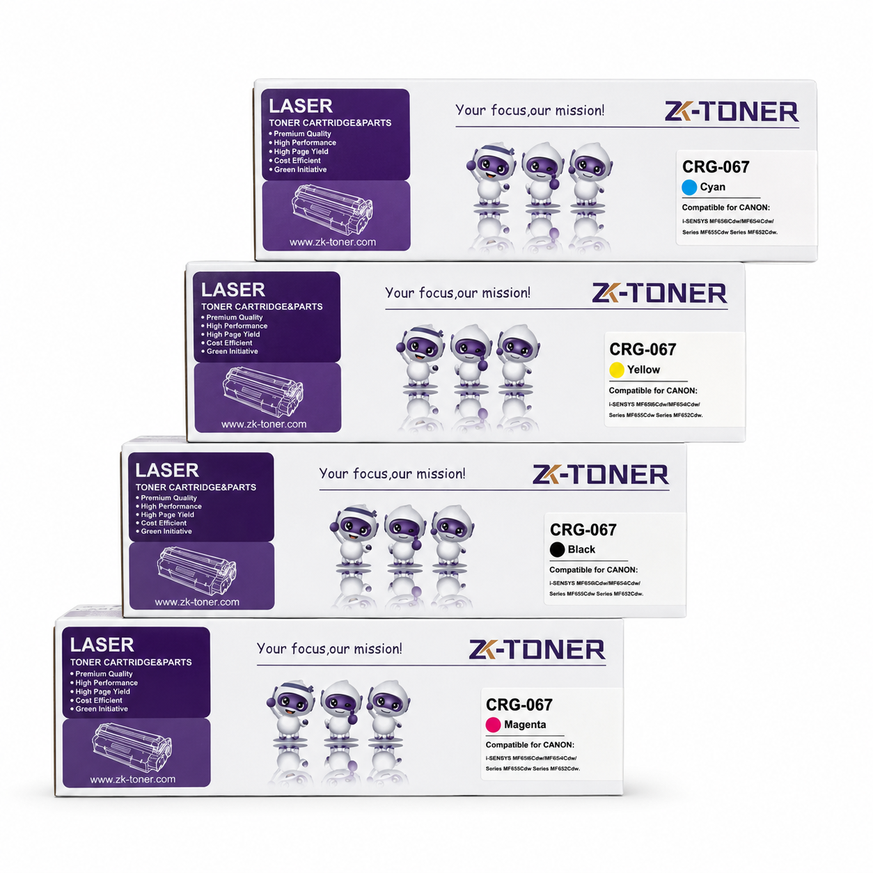 خرطوشة حبر متوافقة تجارية ZK-TONER CRG-067 عبوة 4 قطع – أسود، سماوي، أصفر وأرجواني لطابعات كانون i-SENSYS MF650 سلسلة الطابعات الليزرية الملونة