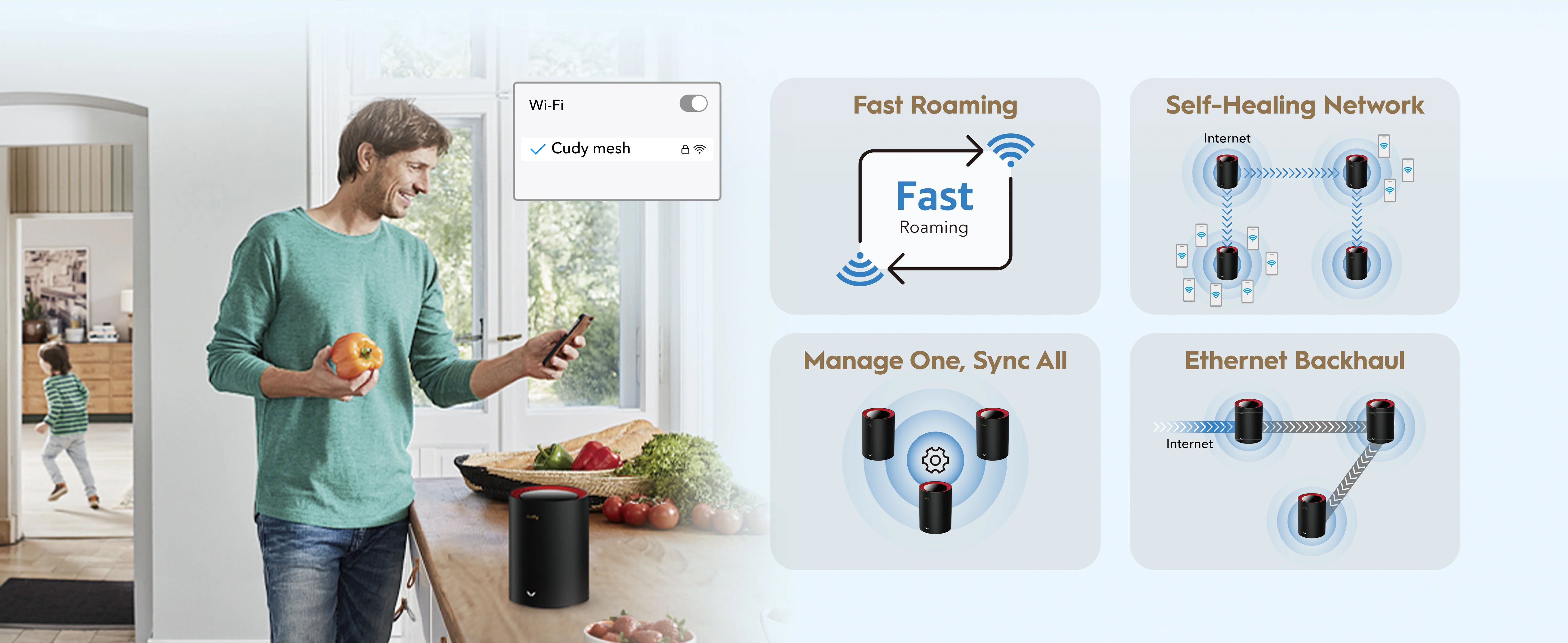 نظام Cudy M3000 1.0 AX3000 Mesh Wi‑Fi 6 مع شبكة WAN بسرعة 2.5 جيجابت في الثانية، ووحدة معالجة مركزية ثنائية النواة، ويدعم 200 جهاز وشبكة VPN (عبوة من 3 قطع)