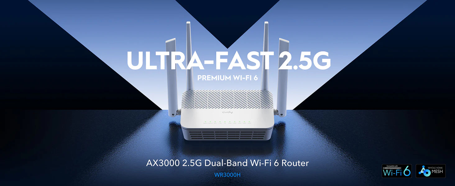 راوتر Cudy WR3000H 1.0 AX3000 Mesh Wi-Fi 6 - شبكة WAN 2.5 جيجابت إيثرنت، 4 جيجابت LAN، 5 تدفقات، 200 جهاز، تكوين الحزمة وشبكة VPN