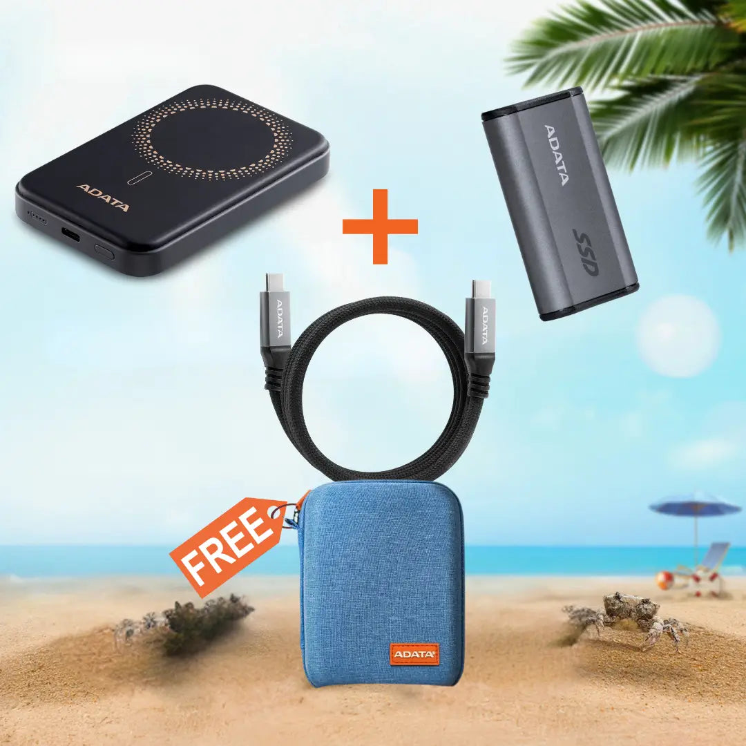 ADATA Pack Your Memory Summer Bundle – SE880 1TB SSD + 100W USB-C Cable + R100 Power Bank – Free Pocket Pack Case Included