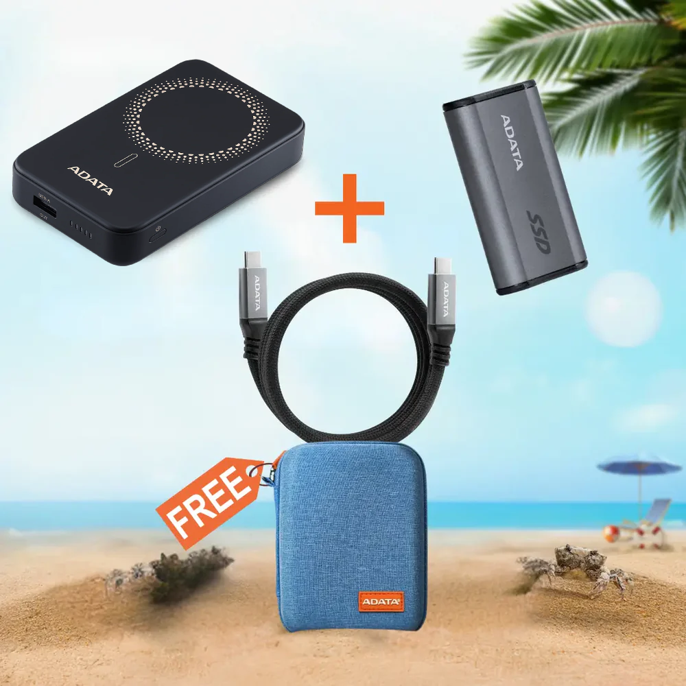 ADATA Pack Your Memory Summer Bundle – SC750 1TB SSD + 100W USB-C Cable + R100 Power Bank – Free Pocket Pack Case Included