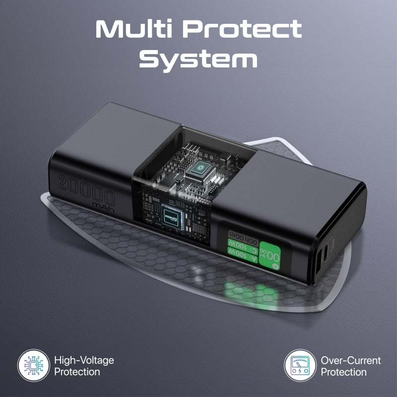 Promate 20,000mAH Power Bank, Super-Slim 130W Power Delivery with Smart TFT LCD Display, Durable Metal Made, Over Charge Protection for USB-C and USB-A Devices.