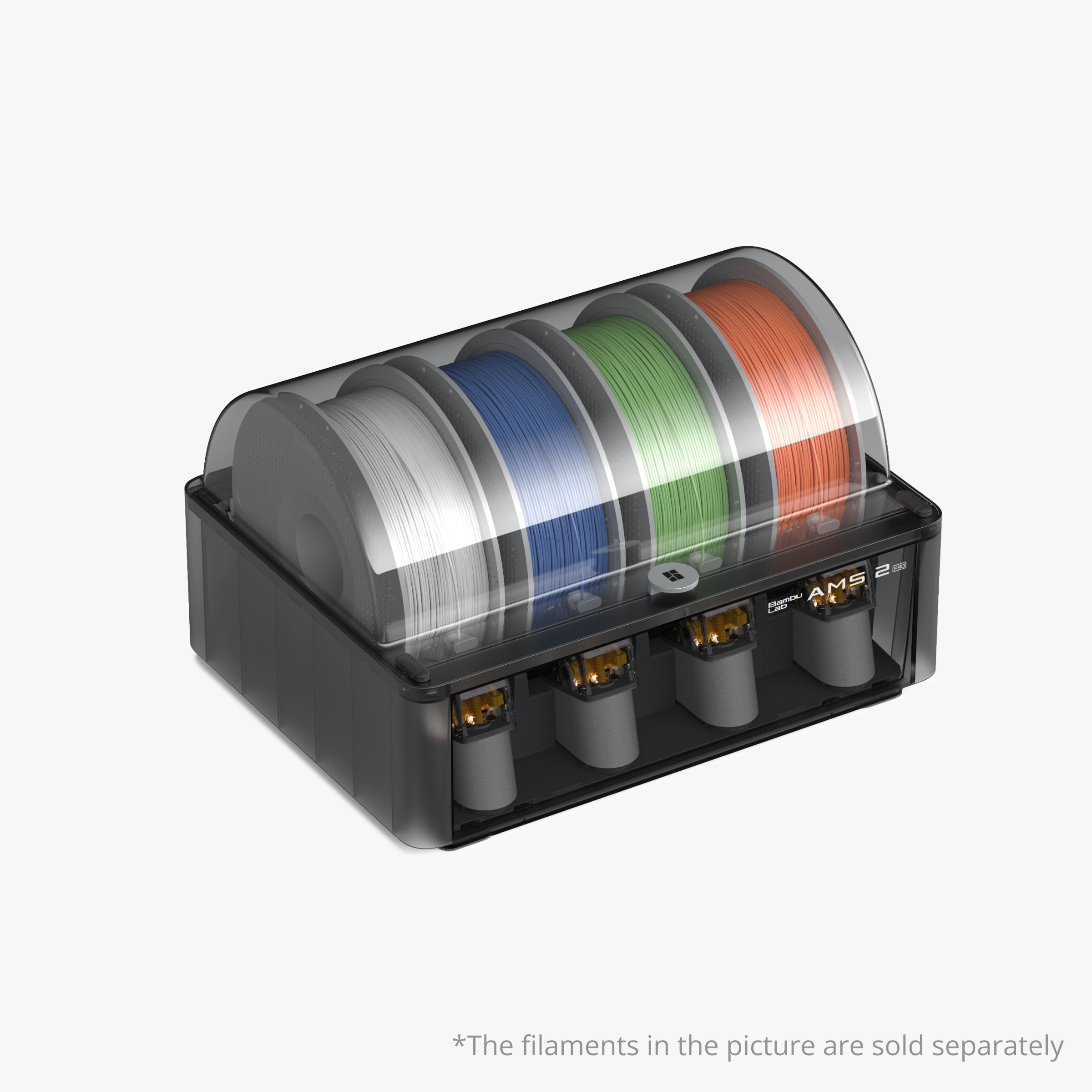 Bambu Lab AMS 2 Pro – 4‑filament AMS with 65 °C Active Drying, RFID Sync, 24‑color Expansion, 24 V⁻⁴ A, ABS/PC Build, 372×280×226 mm