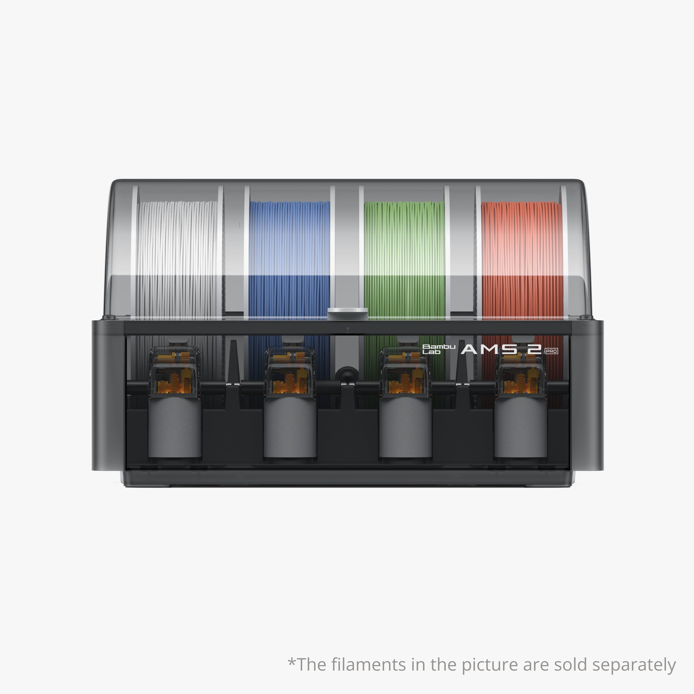 Bambu Lab AMS 2 Pro – 4‑filament AMS with 65 °C Active Drying, RFID Sync, 24‑color Expansion, 24 V⁻⁴ A, ABS/PC Build, 372×280×226 mm