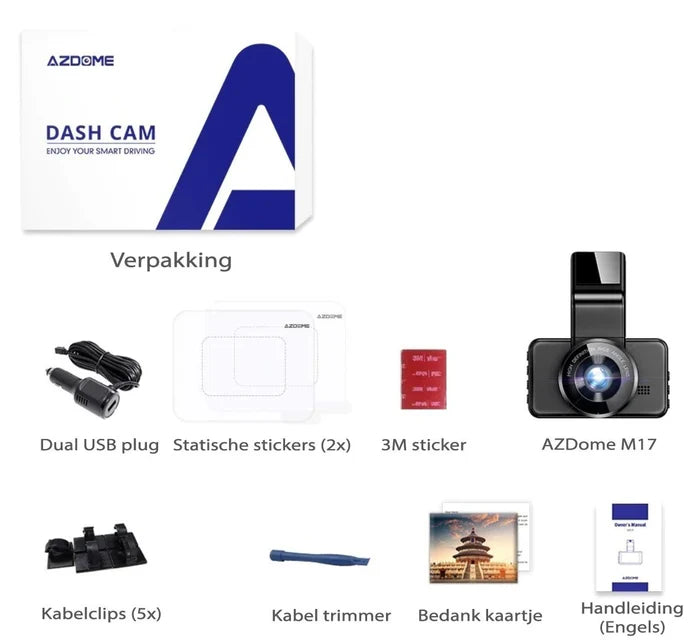 كاميرا داش للسيارة AZDOME M17 Pro مزودة بشبكة WiFi، بدقة 1296P Full HD+، وشاشة 2.45 بوصة، وزاوية واسعة 150°، ورؤية ليلية بتقنية WDR، ونظام ADAS، ومستشعر G، ووضع ركن بالتقاط متتابع، ومكثف فائق، ودعم بطاقات بسعة 128GB