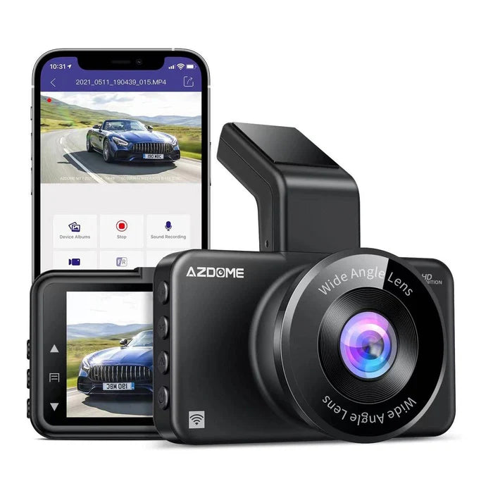 كاميرا داش للسيارة AZDOME M17 Pro مزودة بشبكة WiFi، بدقة 1296P Full HD+، وشاشة 2.45 بوصة، وزاوية واسعة 150°، ورؤية ليلية بتقنية WDR، ونظام ADAS، ومستشعر G، ووضع ركن بالتقاط متتابع، ومكثف فائق، ودعم بطاقات بسعة 128GB