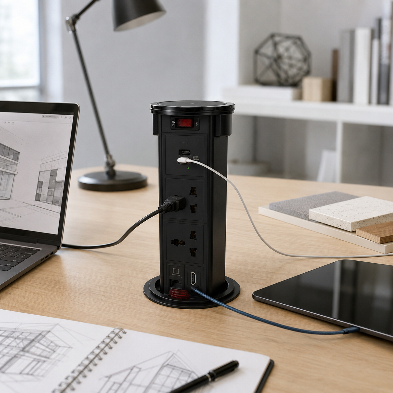 Avetron Pop-Up Power Outlet with 15W Wireless Charging, USB-A & USB-C, HDMI, CAT6 and Dual Universal Sockets