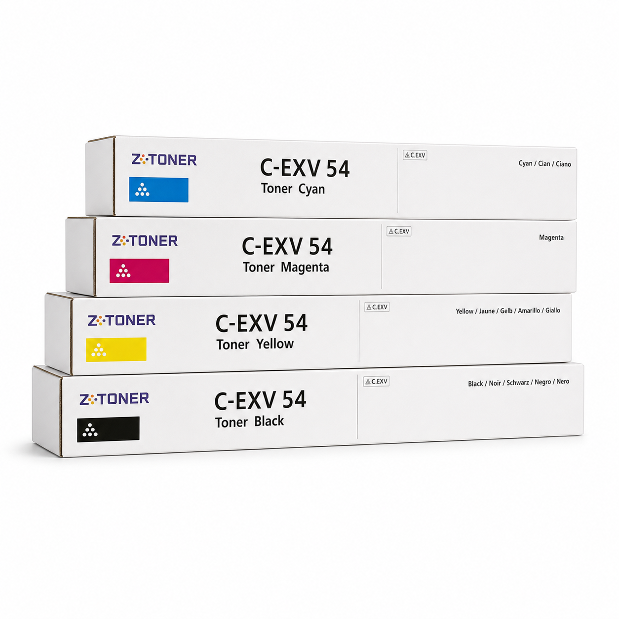مجموعة خرطوشة حبر متوافقة تجارية ZK-TONER C-EXV 54 – سماوي، أرجواني، أصفر وأسود – خرطوشة حبر بديلة لطابعات كانون