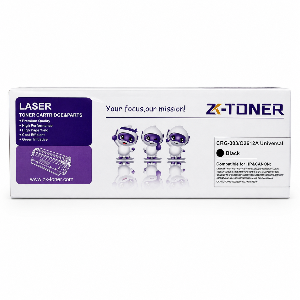 ZK-TONER CRG-303 / Q2612A Universal Commercial Compatible Black Toner Cartridge – Replacement Toner for HP LaserJet 1010/1020 Series and Canon LBP2900/LBP3000 Printers