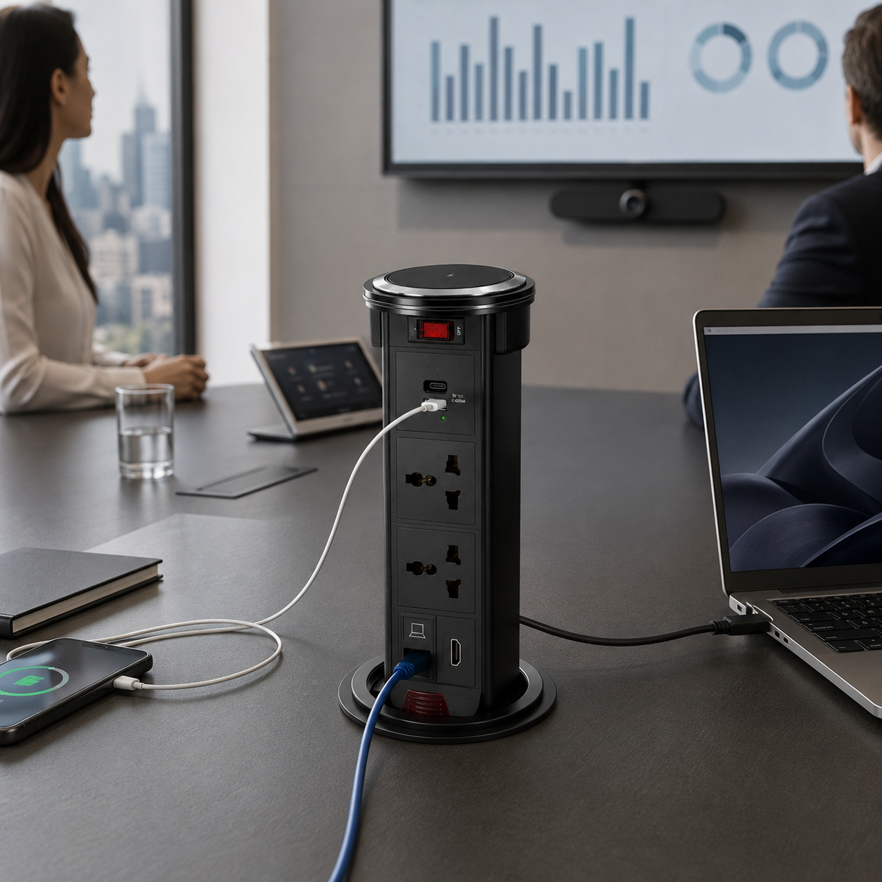Avetron Pop-Up Power Outlet with 15W Wireless Charging, USB-A & USB-C, HDMI, CAT6 and Dual Universal Sockets