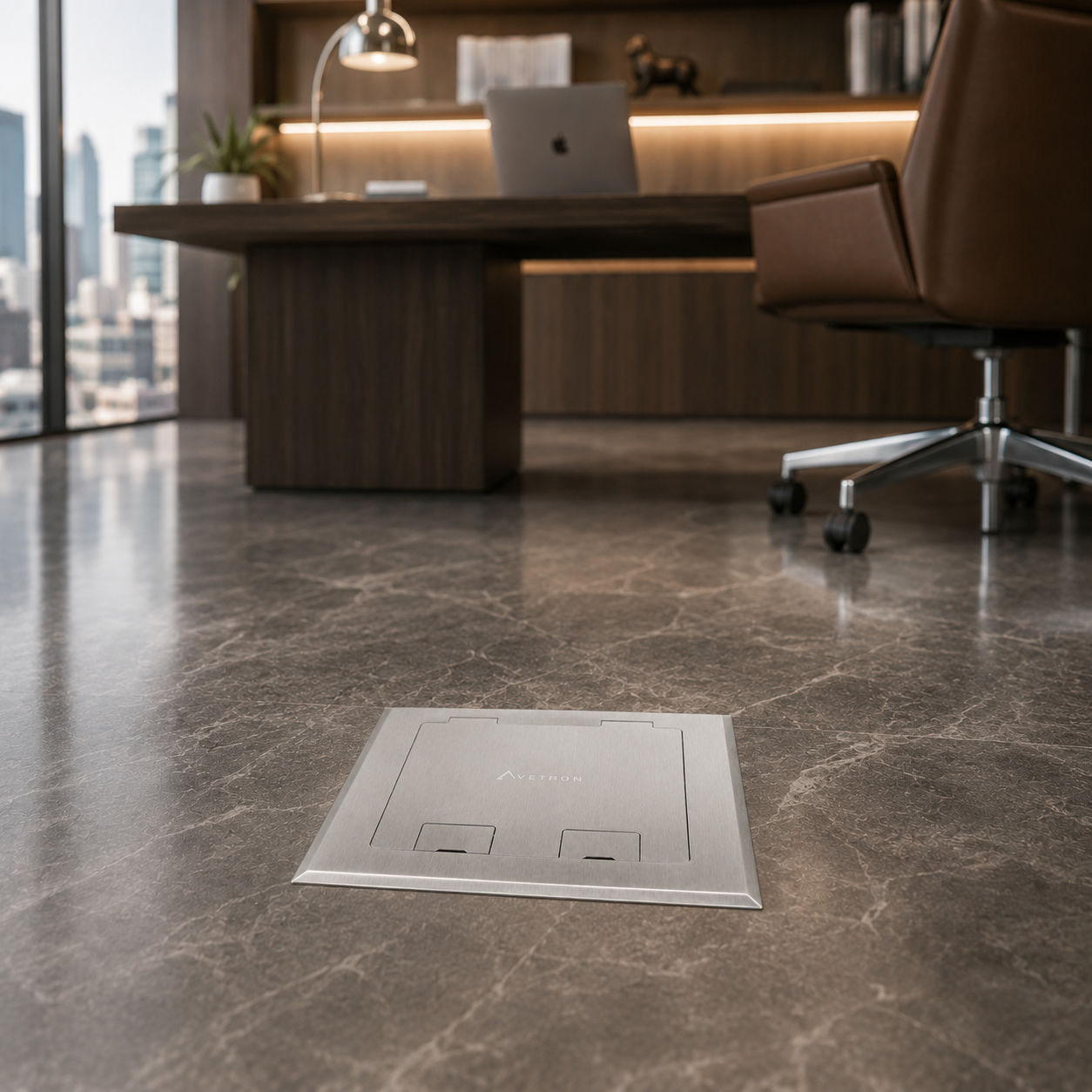 Avetron Flip-Top Floor Socket, 2 Universal Power Outlets, 304 Stainless Steel Panel, White Matte